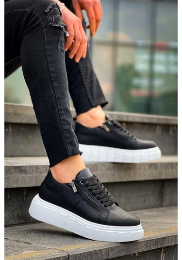 Kb-x155 Kuback Siyah Cilt Detaylı Beyaz Yüksek Taban Günlük Spor Ayakkabı Siyah1 Siyah