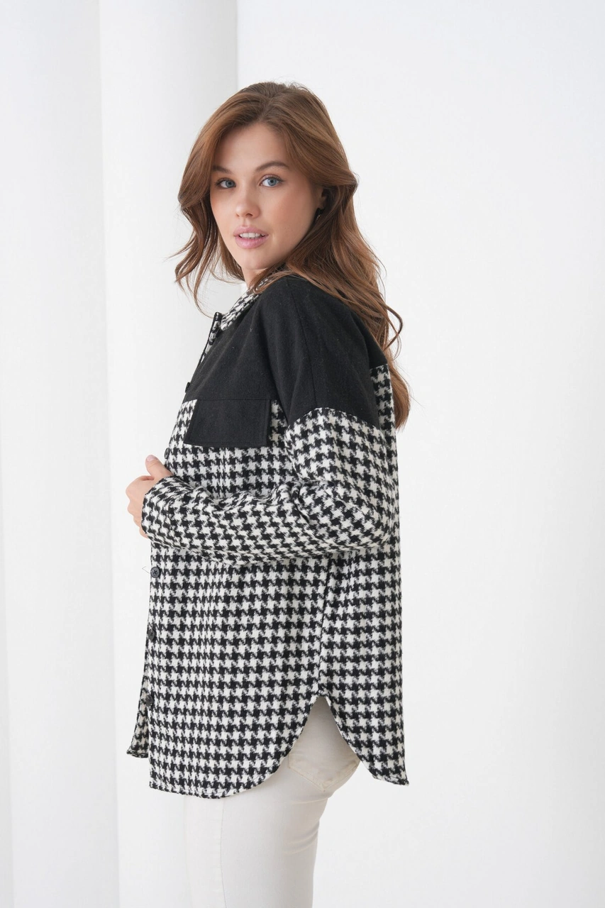 Kadın Desen Bloklu Oduncu Oversize Bol Ve Geniş Kalıp Casual Cepli Yakalı Ceket Gömlek Siyah