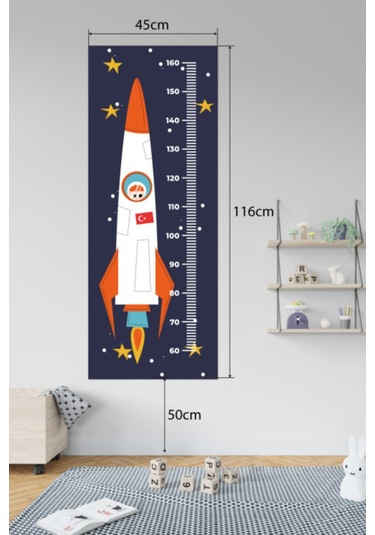 Çocuk Odası Uzay Roketi Temalı Boy Ölçme Cetveli Duvar Sticker