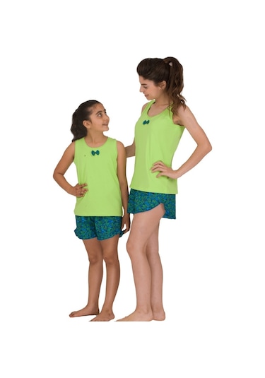 The Don Aile Yeşil-Lacivert Desenli Kız Çocuk Şort Takımı (9-14 Y