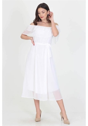 Neşeli Butik Kadın Yeni Sezon Madonna Yaka Bağlama Detaylı Şifon Elbise Ry8060 Beyaz