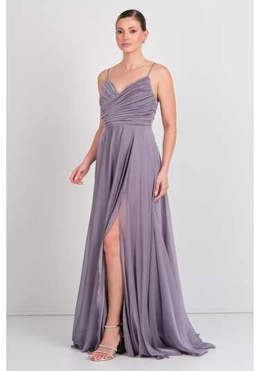 Doridorca Kadın Sırt Dekolteli Fiyonklu Drapeli V Yaka Abiye Elbise 6128 Vizon Vizon