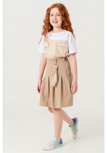 Kız Çocuk Pileli Keten Etek 2957 Bej
