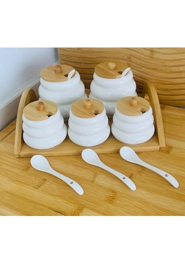 Qerhome Bambu Standlı Porselen 5'li Baharatlık Cmr ŞEffaf