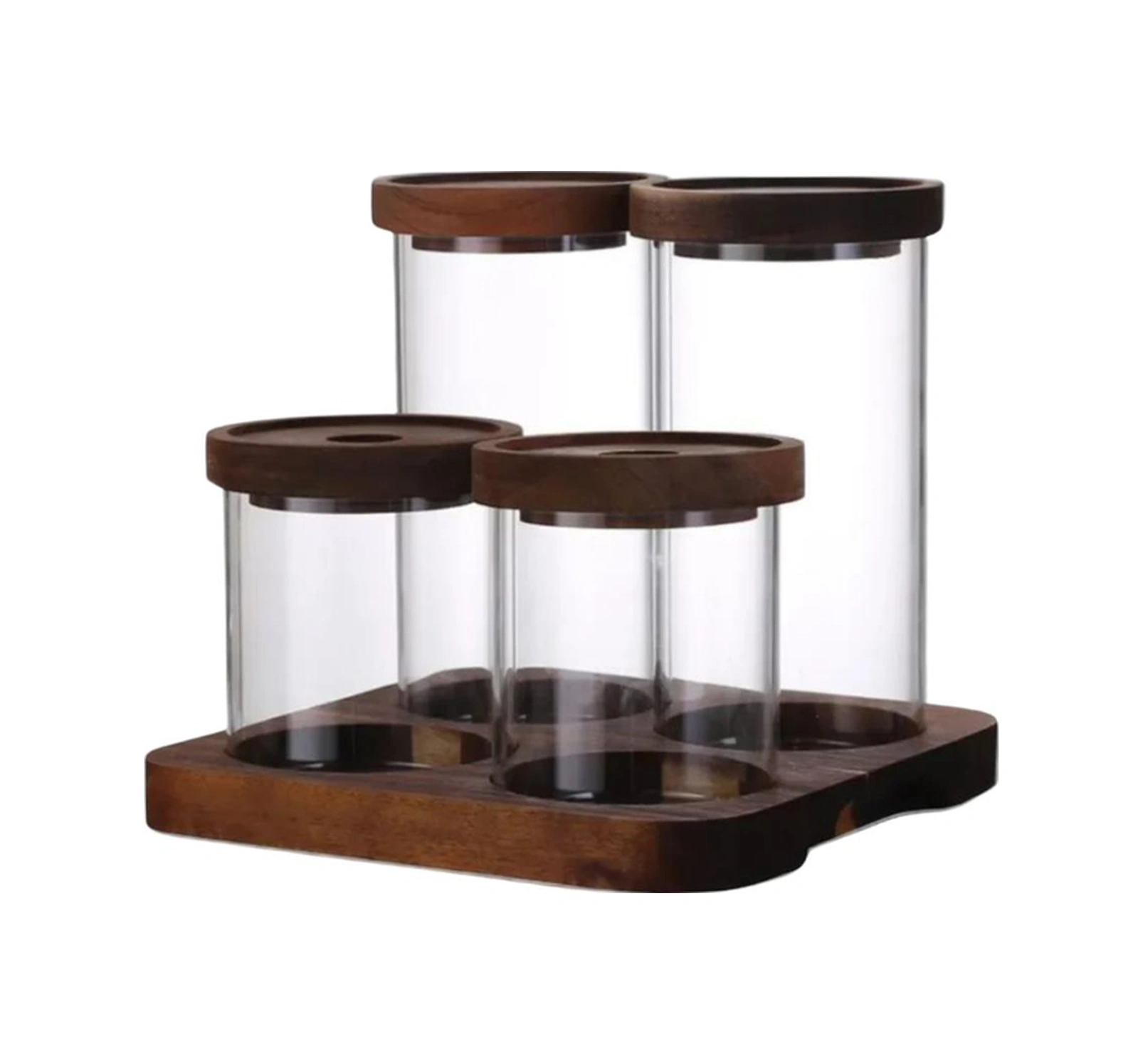 Vakum Kapaklı Cam Kavanoz Seti-akasya Standlı 4'lü Mutfak Organizeri Baharatlık Şeffaf