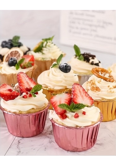 Maoyaya Altın Kırmızı Doğum Günü Pastası Kağıt Bardakları Yağ Geçirmez Yüksek Isıya Dayanıklı Muffin Tatlı Bardakları Düğün Tatlı Masası Gül Altın 50 Adet