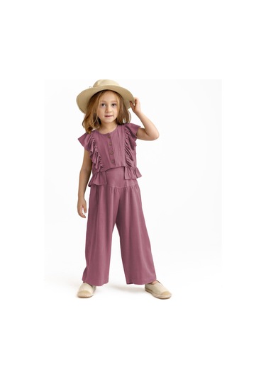 Korsajlı Büzgülü Keten Kız Çocuk Pantolon Mürdüm Mürdüm