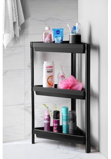 Mithra Life 3 Katlı Üçgen Plastik Siyah Banyo Mutfak Rafı Mıt1060 Siyah