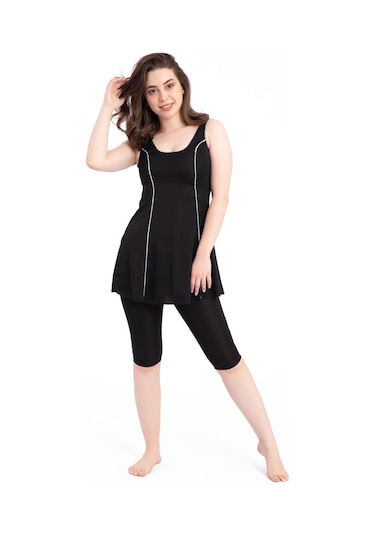 Kadın 501 Şeritli Taytlı Elbise Mayo Siyah-siyah 31560 - 1 Siyah