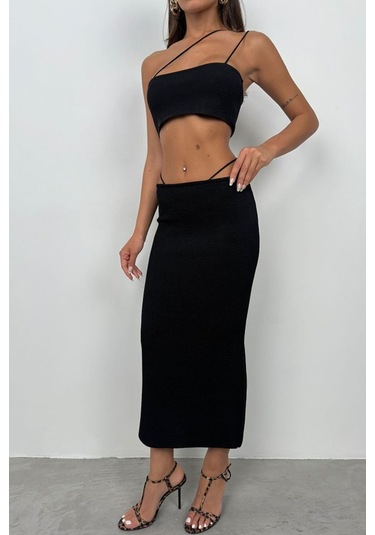 Tanla Butik Askı Detay Straplez Dokulu Crop Siyah