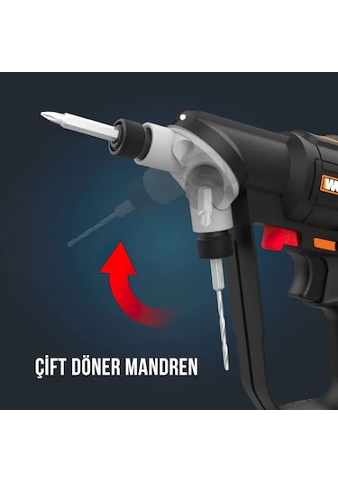 WORX WX177 20V 2.0Ah Li-ion Döner Kafa ve Çift Mandrenli Profesyonel Kömürsüz Şarjlı Matkap + 6 Parça Uç