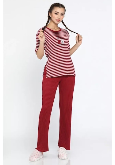 Lukitus Kısa Kollu İnce Triko Desenli Kırmızı