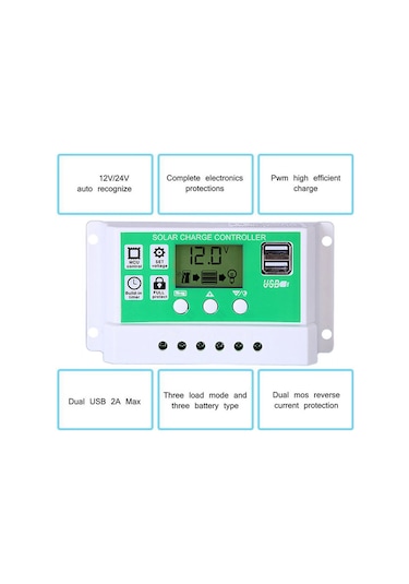 Yaozixa 50a 12v/24v Otomatik Tanıyan Solar Kontrolör - Pwm Şarj, Aşırı Şarj Koruması, Lcd Ekran, 2x Usb 5v Çıkış Beyaz+yeşil