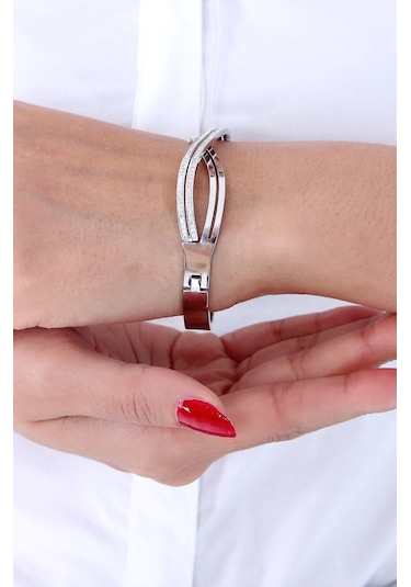 Kadın Gümüş Renk Zirkon Taşlı Kelepçe Çelik Bileklik Çelik