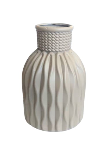 Kendinden Desenli Dar Ağızlı Plastik Vazo - Çok Amaçlı Kalemlik Fırçalık Vazo 12,5 X 8,5 Cm Krem