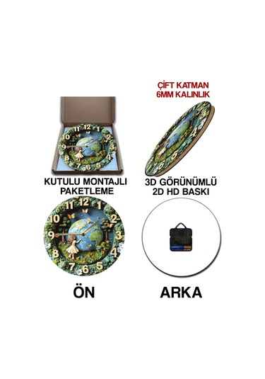 Doğa Ve Dünya Temalı Mdf Duvar Saati 3d Görünümlü, Sessiz Mekanizmalı, 2d Hd Baskı Sdw240 Renkli