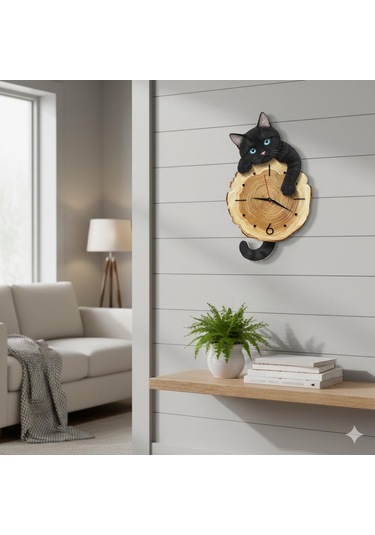 Cajuart Kütük Üzerinden Bakan Siyah Kedi Tasarımlı Duvar Saati Modern Dekoratif Saat Kahverengi