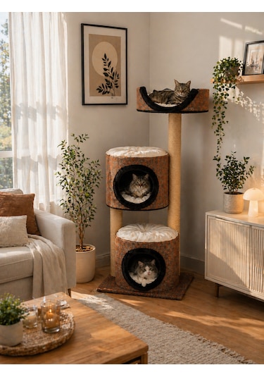 Terra Çok Katlı Kedi Evi Tırmalama Direkli Modern Kedi Yuvası