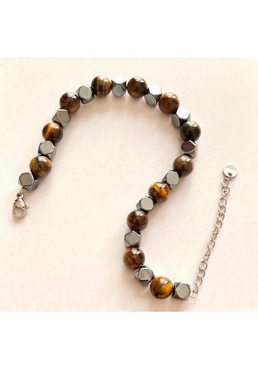 Glamglamour Hematit&kaplangözü Çelik Mixli Şık Erkek Bileklik 20-25cm Uyumlu Kahverengi