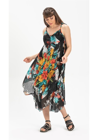 Askılı Vual Afrodit Midi Boy Elbise Siyah 6153 Siyah