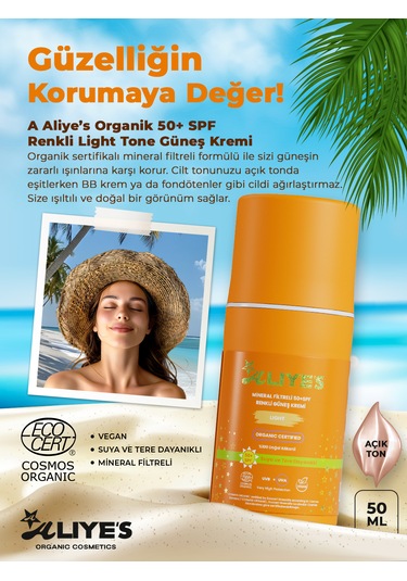 A Aliye's Mineral Filtreli Spf 50+ Renkli Organik Güneş Kremi Açık Ton 50 ML