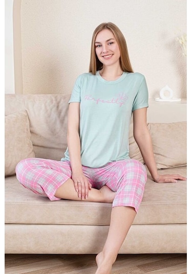 Monox Kadın Perfectly Baskılı Bermuda Kısa Kol Pijama Takımı Yeşil