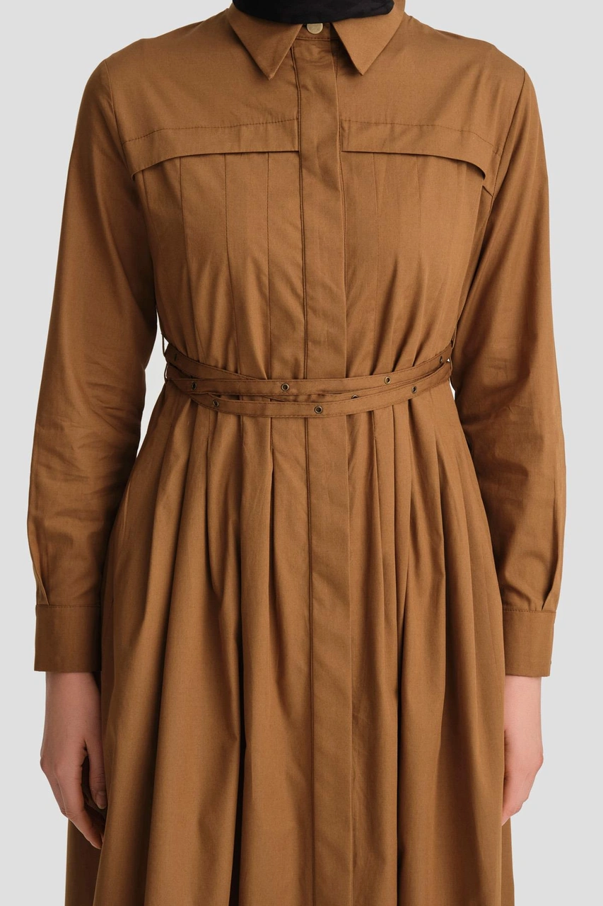 Armine Çapraz Kemerli Pamuk Elbise 24k9903 Taba Kahverengi