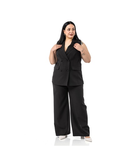 Büyük Beden Kaplama Düğmeli Yelek Pantolon Siyah İkili Takım Siyah
