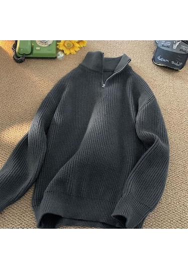 Novahub Kadın Erkek Y2k Balıkçı Yaka Kazak Örgü Tişörtü Ceket Fermuarlı Erkek Kore Kış Dış Kazaklar Erkek Bluz Koyu Gri - L Koyu Gri