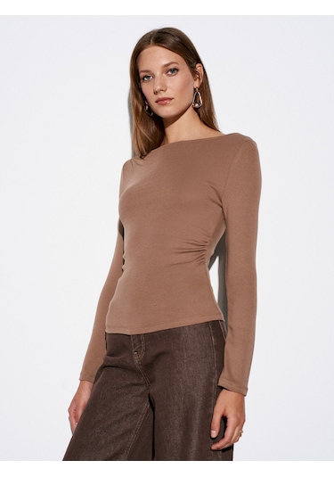 Dilvin 31401 Büzgülü Kayık Yaka Top-vizon Vizon