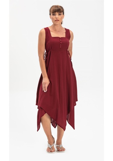 Kolsuz Şile Bezi Üçgen Katlı Midi Boy Elbise Bordo Brd Bordo