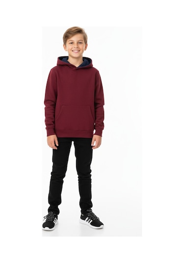 Erkek Çocuk Bordo Kapüşonlu Cepli 3 İplik Sweatshirt Bgl-st05002 Bordo
