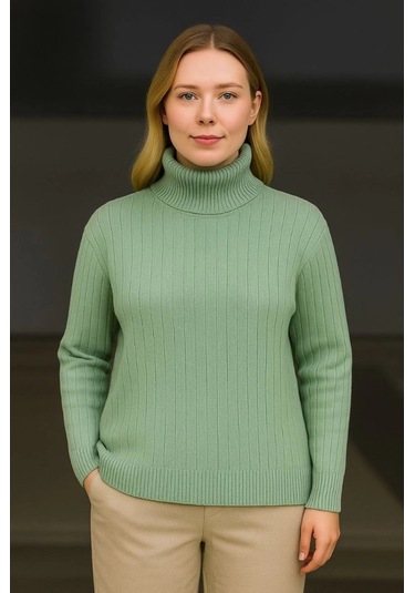 Balıkcı Yaka Bağazlı Triko Kazak Pamuklu Kalın Fitilli Dokuma - Mint Yeşili Yeşil