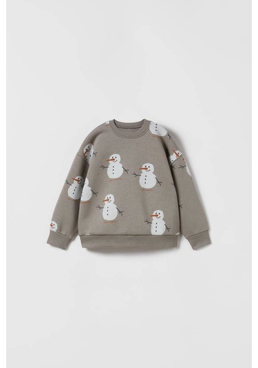 Kardan Adam Desenli Pamuklu Sweatshirt Jogger Eşofman Alt-üst Takım Açık Gri