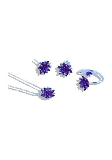 Ametist Taşlı Lotus Çiçekli Gümüş Set Gümüş