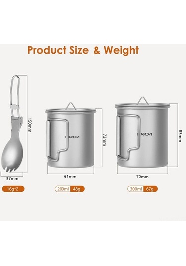Fortunelane 300ml + 200ml Titanyum Bardak Çatal Kaşık Setli Katlanır Titan, Gümüş Renk Gümüş