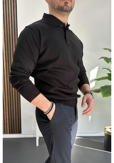 Erkek Düğmeli Polo Yaka Kazak Siyah Edw231 Siyah