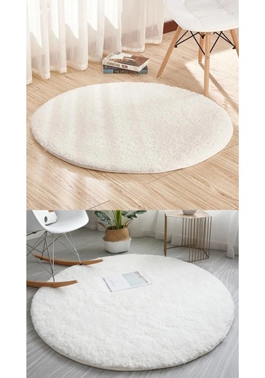 Raschel Carpet Beyaz Lüks Raschel Taban Yıkanabilir Kaymaz Taban Yuvarlak Peluş Halı Yolluk Beyaz