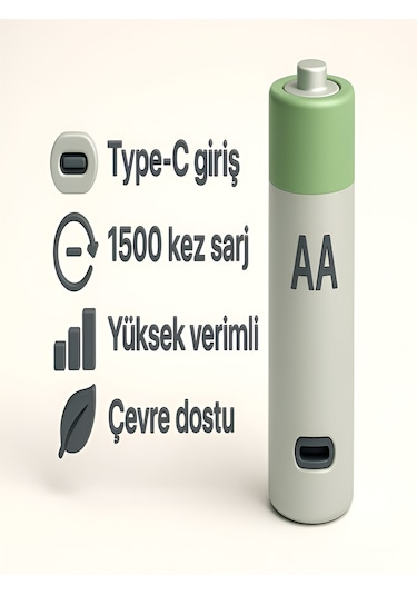 Type-c Şarjlı 2800mwh 1.5v Şarj Edilebilir 2'li Aa Kalın Pil - Lityum İyon Batarya