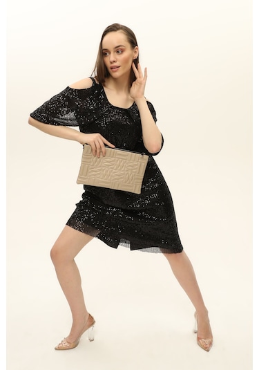 Morpelikan Bej Zigzag Clutch Kadın Portöy Çanta Bej