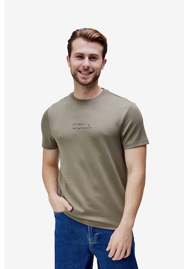 Canary Haki Bisiklet Yaka Gofre Baskılı Modal Kumaş Standard Fit Erkek Tshirt Haki