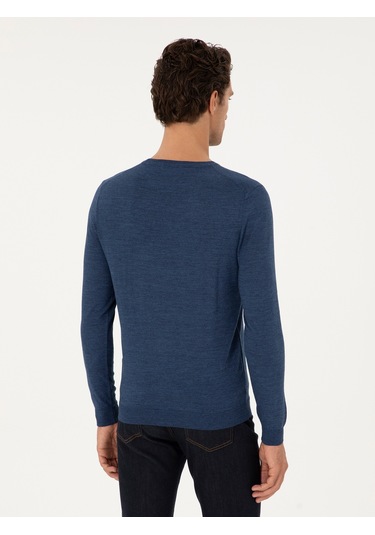 Cacharel İndigo Slim Fit Yün Karışımlı Bisiklet Yaka Basic Triko Kazak Mavi