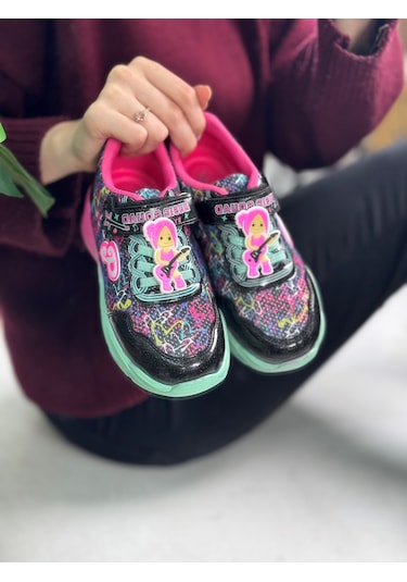 Günlük Cırtlı Kız Çocuk Spor Ayakkabı Renkli Simli Hafif Taban Süs Detay Lastik Bağcık Sneaker 4010 Siyah - Pembe