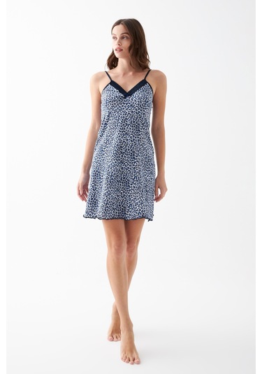 Akbeniz Kadın Mavi Leopar Desenli Dantel Detaylı İp Askılı Gecelik Mavi