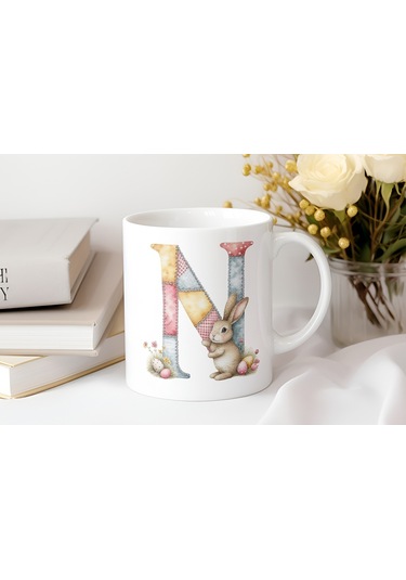 N Harfli Tavşan Kupa - Patchwork / Yamalı Desenli İsme Özel Kupa - Pastel Vintage Tarz Hediyelik Beyaz