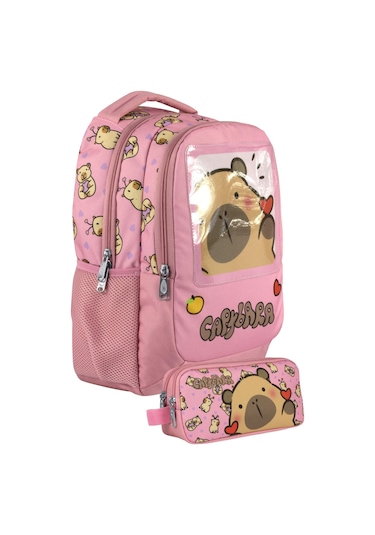 Capybara Kız Çocuk İlkokul Sırt Çantası Ve İki Gözlü Kalemlik Seti - Pembe - Setcpb5212c Çok Renkli