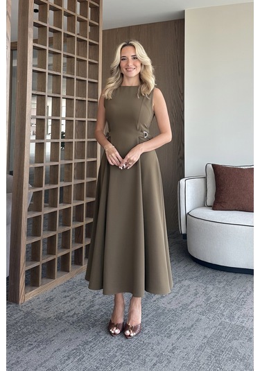 Haki Bel Kemer Detaylı Elbise Haki