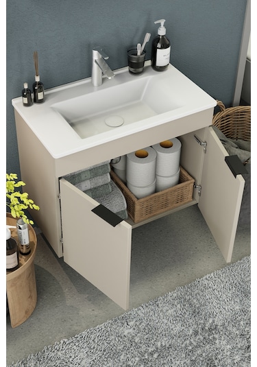 Biani Fix Loft 75 Cm Banyo Dolabı,Seramik Lavabolu, Aynalı,Lavabo Dahil,Mdf,Latte