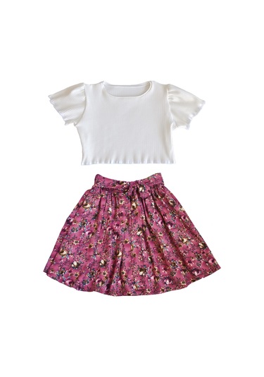 Çocuk Etekli Crop Takım, Gülkurusu Ton Etek - Ekru Crop Ekru-gulkurusu3 Ekru - Gülkurusu