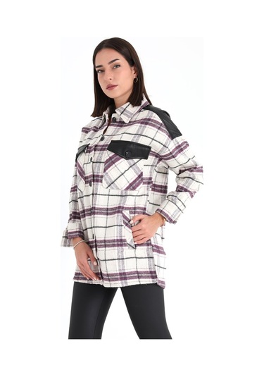 Deri Garnili Ekose Cepli Gömlek - Mor-mor Mor